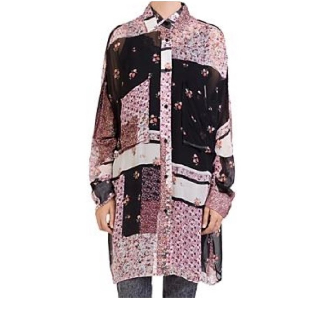 The Kooples Floral Patchwork Button Up Shirt Women's Sz 2 M Black Multi Longline